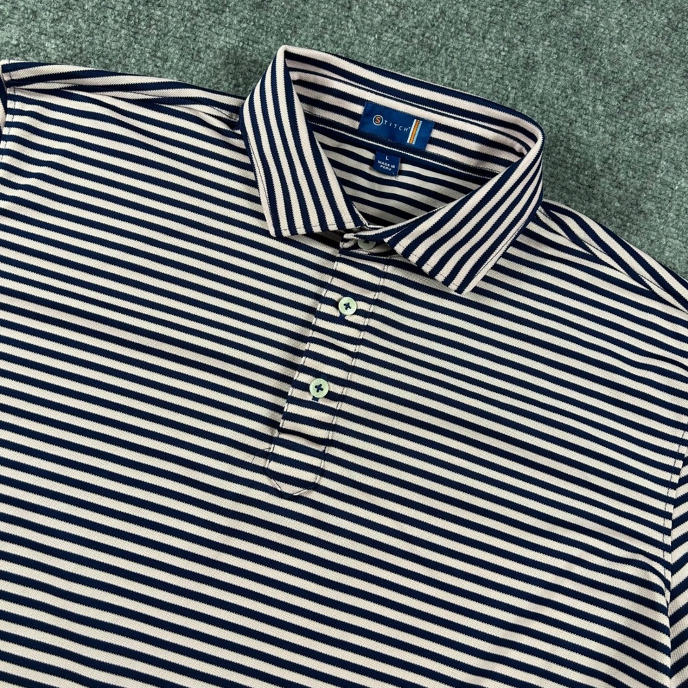 Stitch Golf Polo Shirt Mens L Pink Navy Striped Performance Short Sleeve Golfing